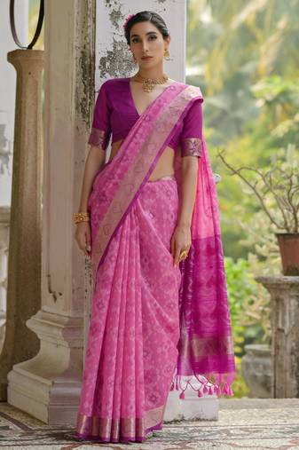 pink soft raw art silk pochampally ikat weaving saree with resham jal & zari border traditional saree with blouse
