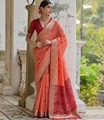orange soft raw art silk pochampally ikat weaving saree with resham jal & zari border traditional saree with blouse