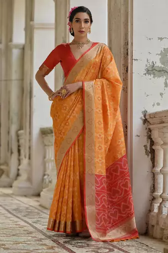 mustard soft raw art silk pochampally ikat weaving saree with resham jal & zari border traditional saree with blouse