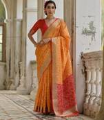 mustard soft raw art silk pochampally ikat weaving saree with resham jal & zari border traditional saree with blouse