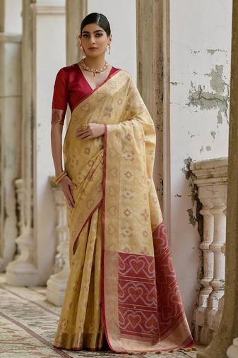 cream soft raw art silk pochampally ikat weaving saree with resham jal & zari border traditional saree with blouse