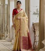 cream soft raw art silk pochampally ikat weaving saree with resham jal & zari border traditional saree with blouse
