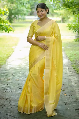 Yellow banarasi raw silk saree with zari lining weaving, premium zari border, designer pallu & running blouse