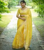 Yellow banarasi raw silk saree with zari lining weaving, premium zari border, designer pallu & running blouse