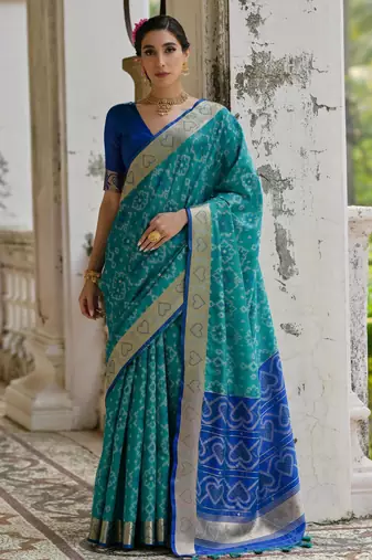 teal soft raw art silk pochampally ikat weaving saree with resham jal & zari border traditional saree with blouse