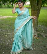 Light aqua banarasi raw silk saree with zari lining weaving, premium zari border, designer pallu & running blouse