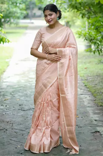 Light pastel banarasi raw silk saree with zari lining weaving, premium zari border, designer pallu & running blouse