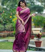 magenta banarasi raw art silk saree with zari lining weaving & rich zari pallu     with running blouse