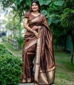 brown banarasi raw art silk saree with zari lining weaving & rich zari pallu     with running blouse