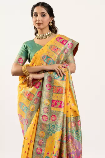 yellow banarasi pashmina soft art silk saree with baarat weaving pallu meena border handwoven design with blouse