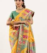 yellow banarasi pashmina soft art silk saree with baarat weaving pallu meena border handwoven design with blouse