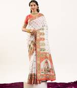 white banarasi pashmina soft art silk saree with baarat weaving pallu meena border handwoven design with blouse