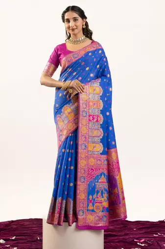 royal blue banarasi pashmina soft art silk saree with baarat weaving pallu meena border handwoven design with blouse