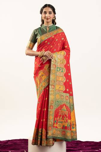 orange banarasi pashmina soft art silk saree with baarat weaving pallu meena border handwoven design with blouse