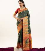 dark green banarasi pashmina soft art silk saree with baarat weaving pallu meena border handwoven design with blouse
