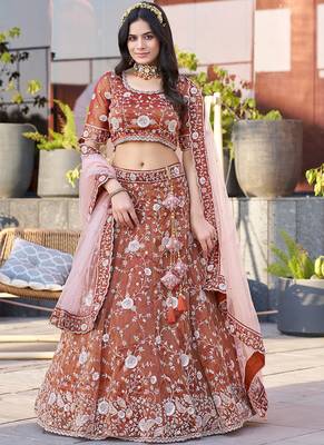 Dark Orange ZARKAN & Sequence Silk Lehenga 1