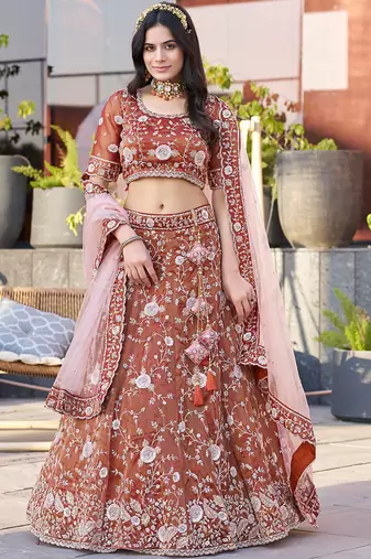 Dark Orange ZARKAN & Sequence Silk Lehenga