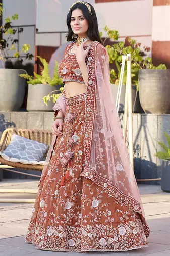 Dark Orange ZARKAN & Sequence Silk Lehenga