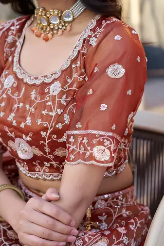 Dark Orange ZARKAN & Sequence Silk Lehenga