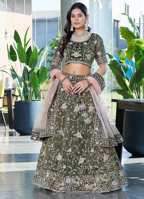 Mehendi Green ZARKAN & Sequence Silk Lehenga 1