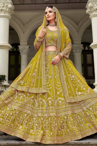 Lemon Yellow Heavy can-can flair & diamond work lehenga choli with dupatta