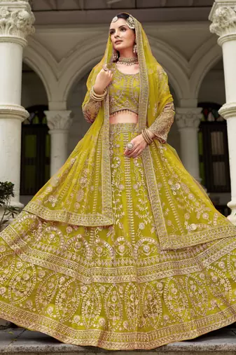 Lemon Yellow Heavy can-can flair & diamond work lehenga choli with dupatta