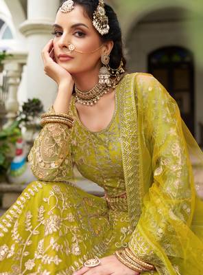 Lemon Yellow Heavy can-can flair & diamond work lehenga choli with dupatta 2