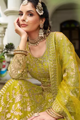 Lemon Yellow Heavy can-can flair & diamond work lehenga choli with dupatta