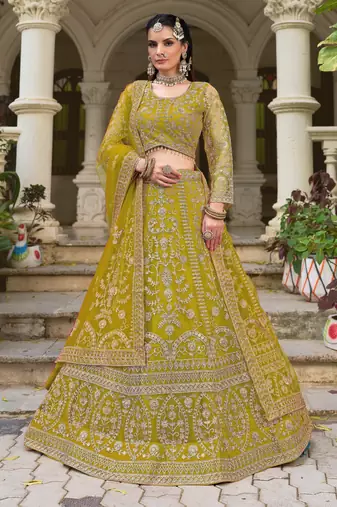 Lemon Yellow Heavy can-can flair & diamond work lehenga choli with dupatta