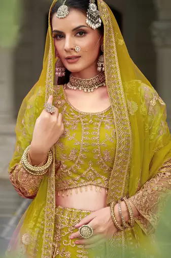 Lemon Yellow Heavy can-can flair & diamond work lehenga choli with dupatta
