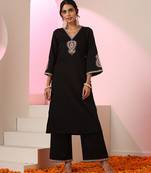 Black embroidered cotton kurta set