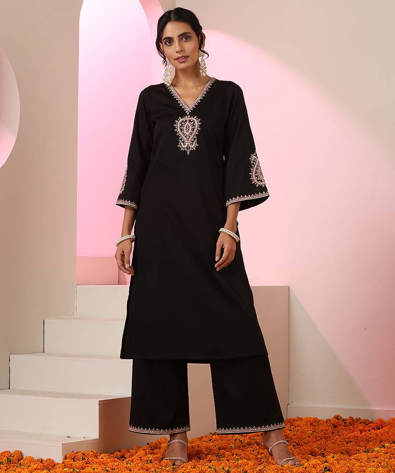 Black embroidered cotton kurta set