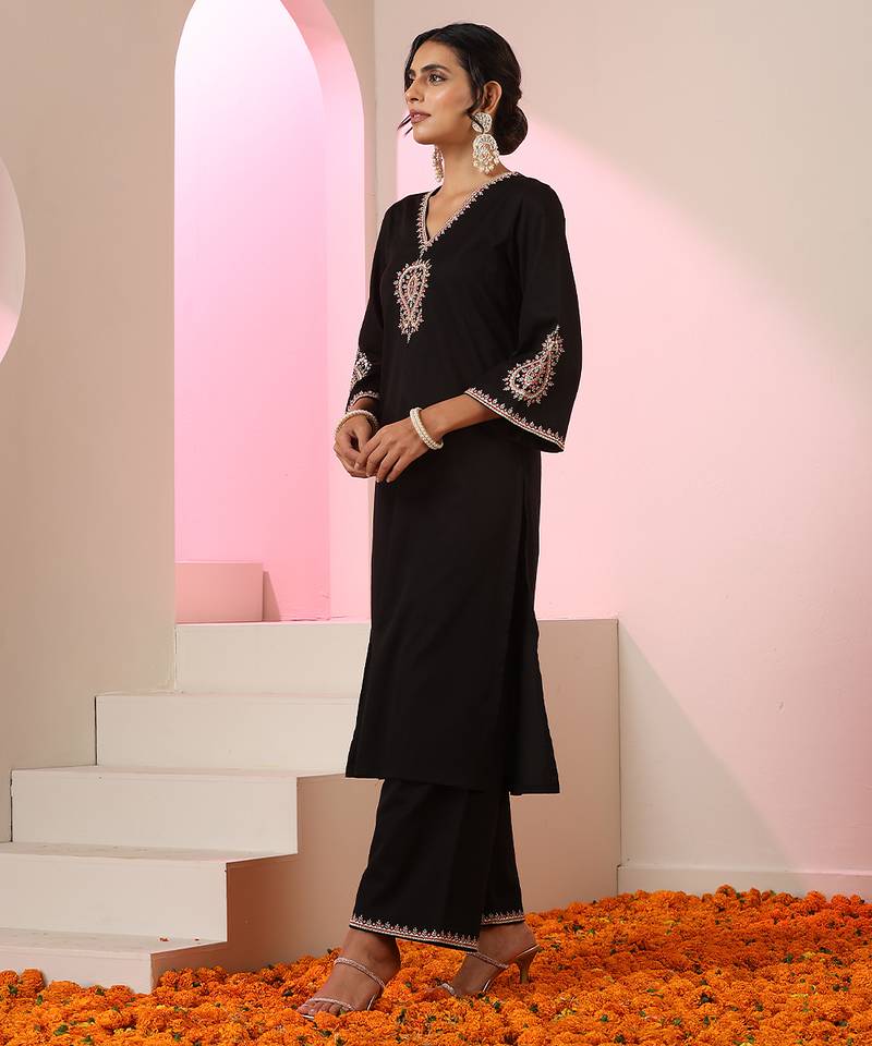 Black embroidered cotton kurta set