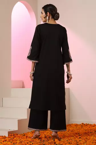 Black embroidered cotton kurta set