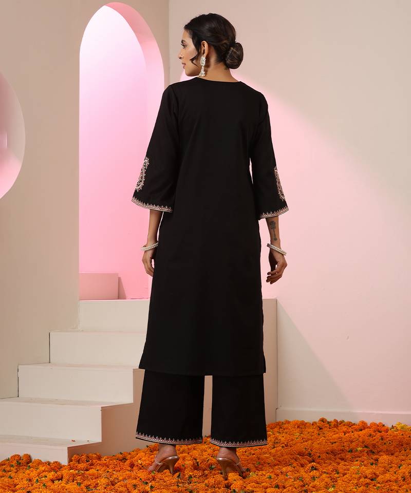 Black embroidered cotton kurta set