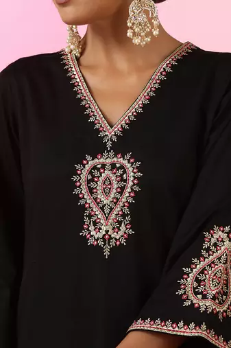 Black embroidered cotton kurta set