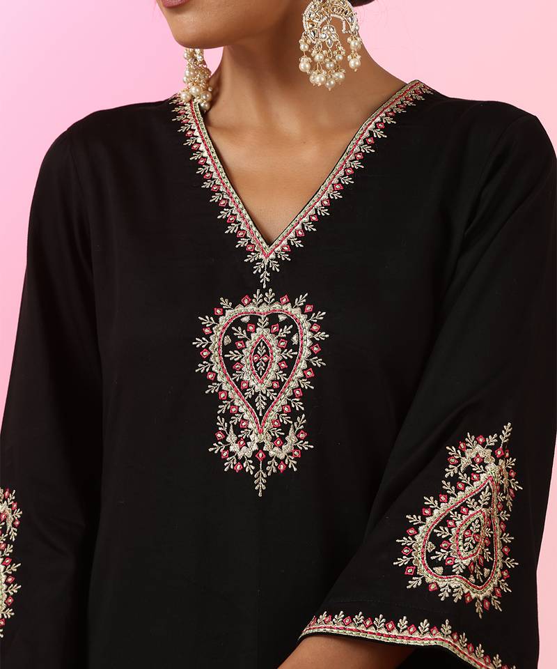 Black embroidered cotton kurta set
