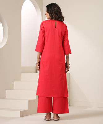 Red plain cotton kurta set 4