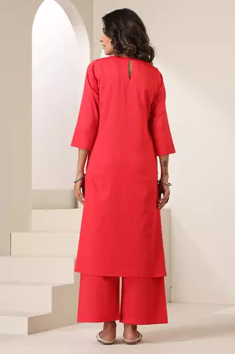 Red plain cotton kurta set