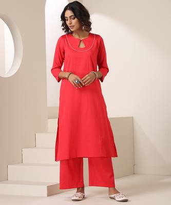 Red plain cotton kurta set 1