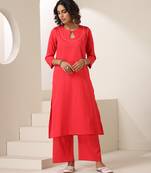 Red plain cotton kurta set