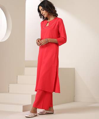 Red plain cotton kurta set 5