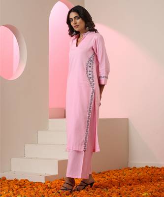 Pink plain cotton kurta set 4