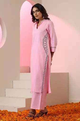 Pink plain cotton kurta set