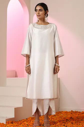 White plain chanderi kurta set