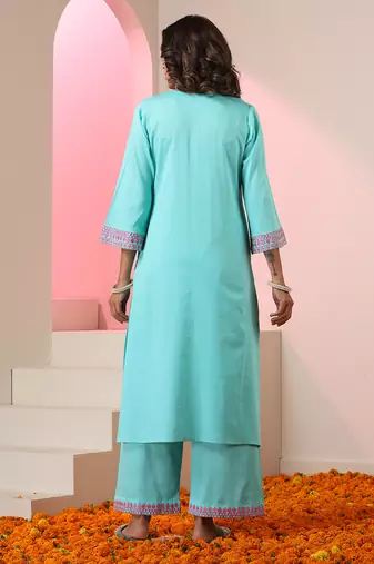 Blue embroidered cotton kurta set