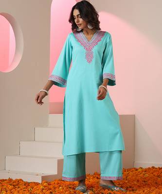 Blue embroidered cotton kurta set 1