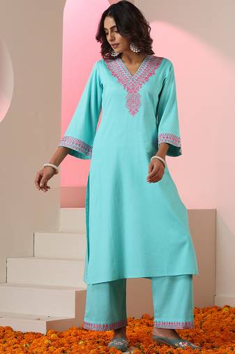 Blue embroidered cotton kurta set