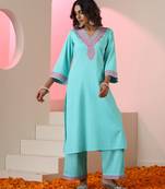 Blue embroidered cotton kurta set