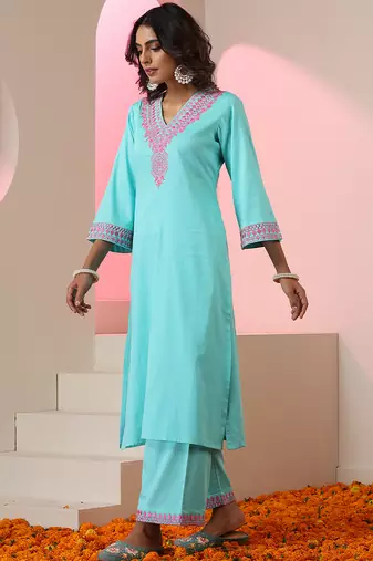 Blue embroidered cotton kurta set